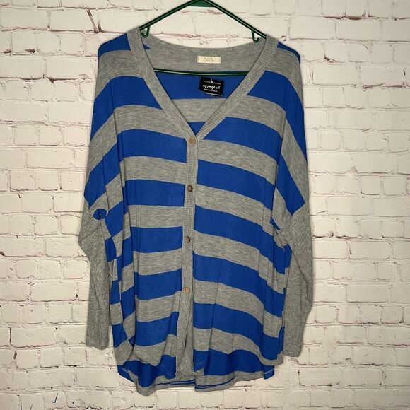 New Oddy Women Plus 1X Sweater V-neck Button Up Cardigan Blue Stripes - Picture 2 of 7